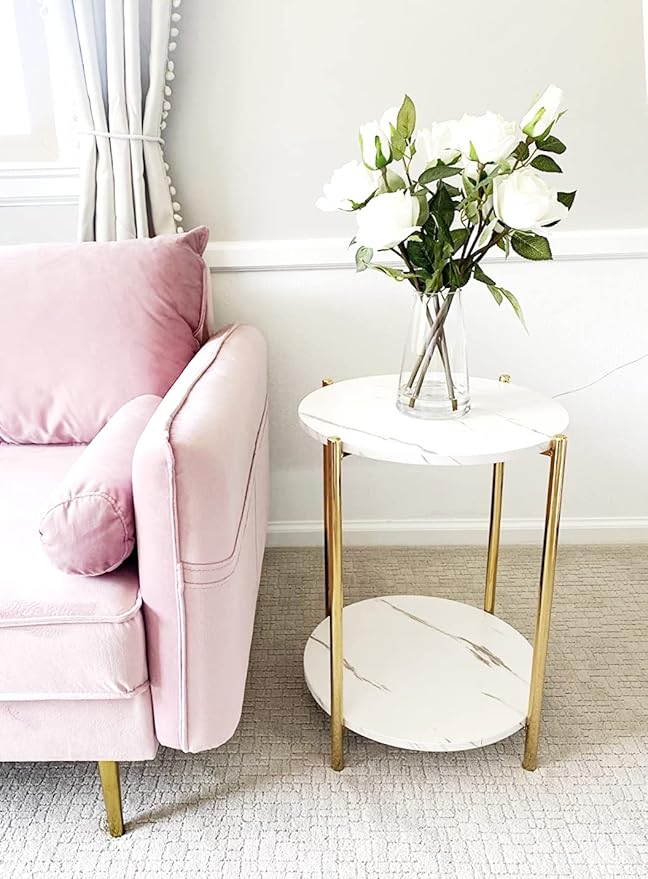 Gold End Table Faux Marble Side Table Small Round Nightstand for Living Room or Bedroom Modern Accent Table with Gold Metal Frame