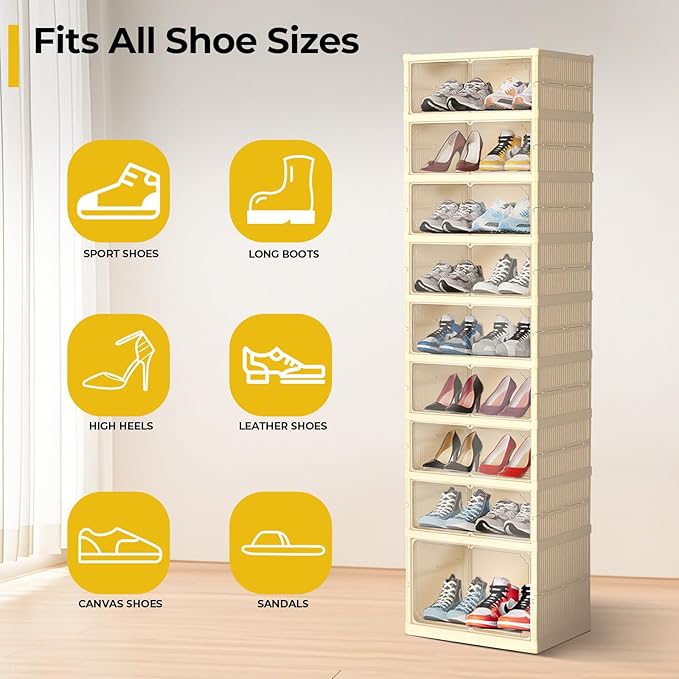 GCCSJ 9-Tier 18 Pairs Foldable Shoe Rack Organizer, Plastic Collapsible Shoe Shelf, Folding Shoe Box Storage Cabinet with Magnetic Clear Door Easy Assembly for Entryway, Bedroom, Living Room