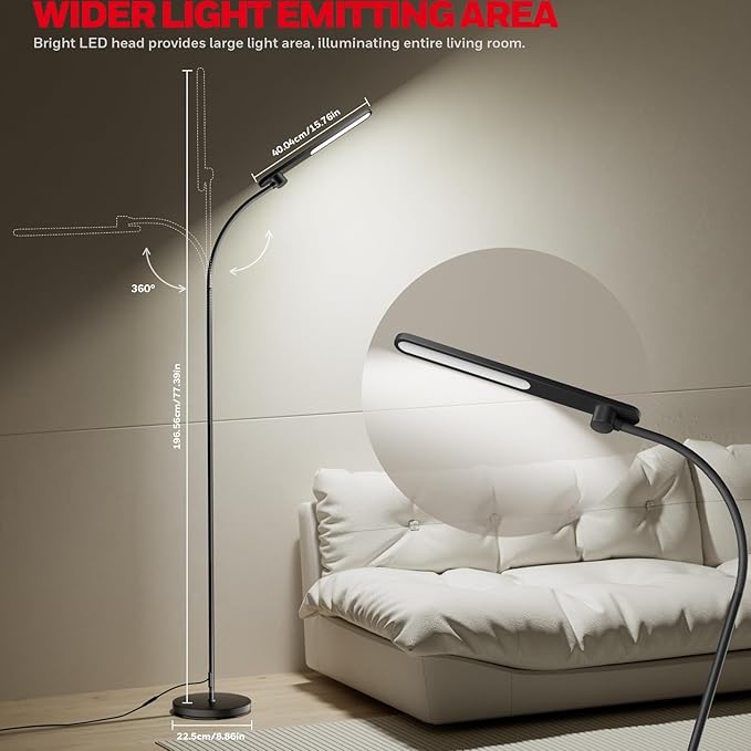 Honeywell LED Floor Lamp, F4 Sunturalux™ Gooseneck Reading Floor Lamp, Super Bright Stepless Dimmable Task Light with Flexible Arm, Eye-Caring Tall Standing Lamp for Living,Bedroom Office