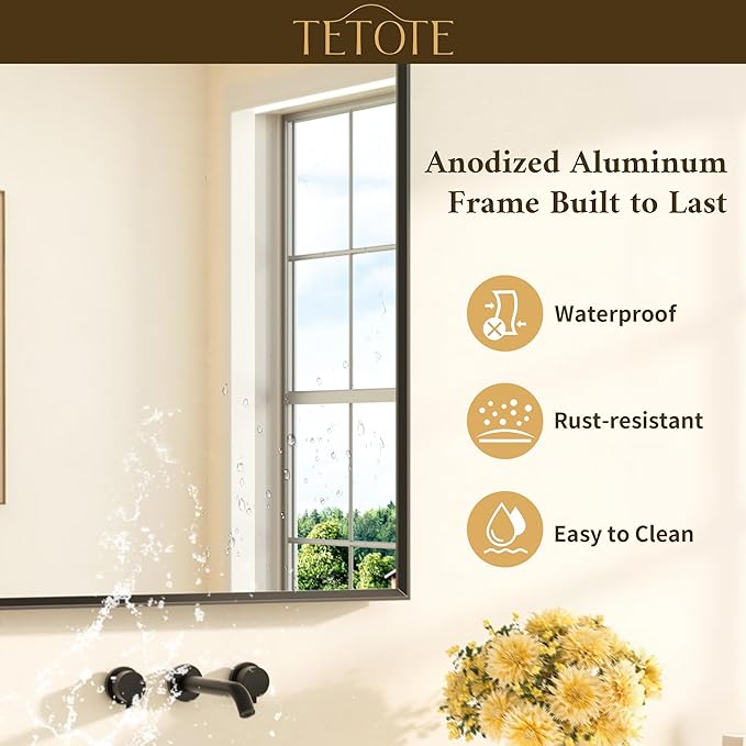 TETOTE Black Framed Mirror for Bathroom Vanity 32" x 36" Matte Black Rectangle Beveled Frame Wall Mirror for Over Sink, Tempered Glass, Modern Farmhouse Bedroom, Entryway, Living Room