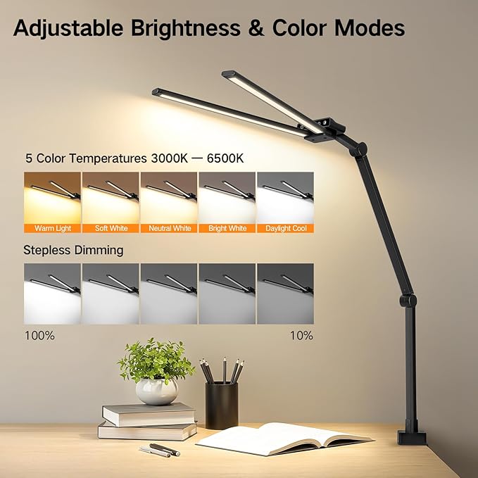 OUTON 29.5" Led Desk Lamp for Office Home, USB-A & USB-C Ports, Touch & Remote Control, 5 Color Temperatures, Stepless Dimming, Timer & Memory Function, 24W Eye-Care Monitor Light for Study Drafting