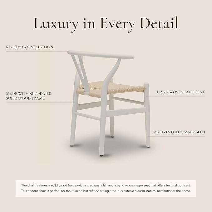 Poly & BARK Weave Dining Chairs – Mid-Century Modern Wishbone Dining Chairs with Arms, Solid Wood Frame, Indoor Use – White – Set of 2 - Ideal for Dining Room, Kitchen or Stylish Accent Setting