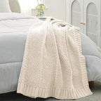 Amélie Home Chevron Chenille Knit Throw Blanket for Couch, Cozy Texture Decorative Soft Blanket for Sofa & Chair, 50"x60", Ivory