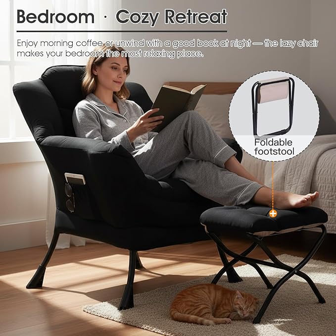 Lazy Chair with Ottoman, Large Lounge Accent Chair with Ottoman and a Throw Pillow, Black Reading Chair for Living Room Bedroom Dorm Room Office Apartment Relaxing Use