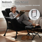 Lazy Chair with Ottoman, Large Lounge Accent Chair with Ottoman and a Throw Pillow, Black Reading Chair for Living Room Bedroom Dorm Room Office Apartment Relaxing Use