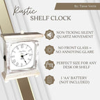 Tasse Verre Rustic Shelf Clock (Quiet) for Living Room Mantel, Table, Or Desk 9" X 7" Farmhouse Decor Distressed White Washed Wood Silent - Office Fireplace. AA Battery Operated Non-Digital, Tan