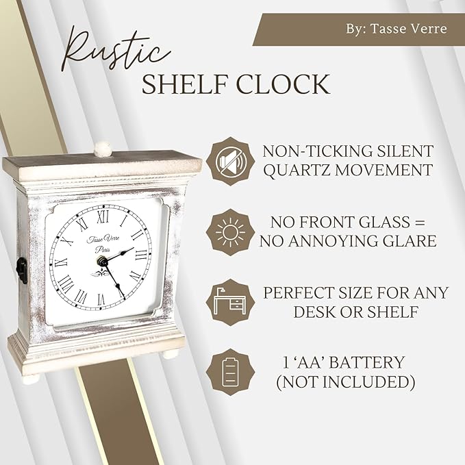 Tasse Verre Rustic Shelf Clock (Quiet) for Living Room Mantel, Table, Or Desk 9" X 7" Farmhouse Decor Distressed White Washed Wood Silent - Office Fireplace. AA Battery Operated Non-Digital, Tan