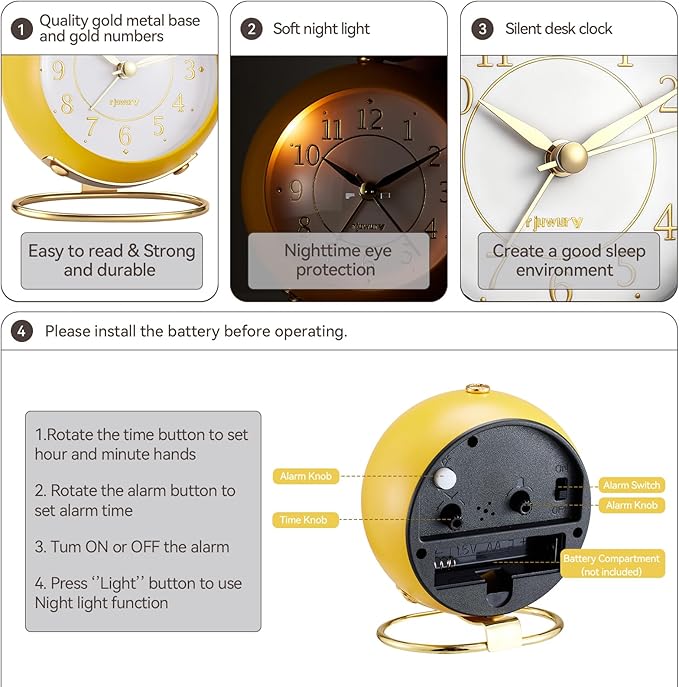 Metal Desk Alarm Clock, Retro Bedroom Table Vintage Analog Silent Non-Ticking Gold Alarm Clock, Bedside Decor(Mango Yellow)