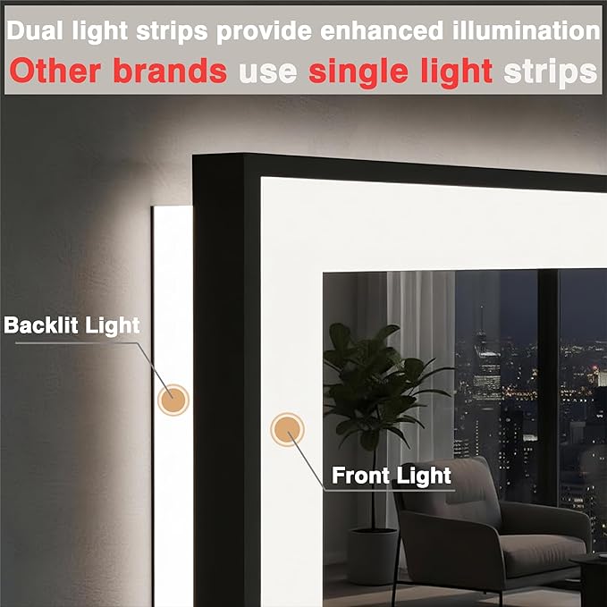 36x36 Square LED Bathroom Mirror - Black Aluminum Framed (Front and Backlit), Anti-Fog Vanity Mirror with Lights, Stepless Dimmable Lighted Mirror,3 Colors Smart Mirror(Horizontal/Vertical)