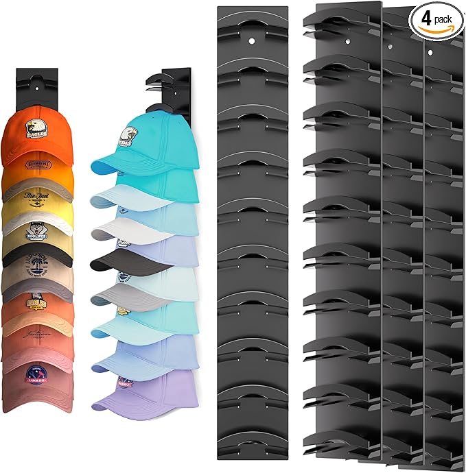 Hat Organizer for Baseball Caps 4Pack, Hat Rack for Wall with Strong Adhesive Hold up to 40 Hats, Hat Hanger Holder Display for Door Closet, Cap Organizer Storage Multilayer Two Mounting Option(Black)