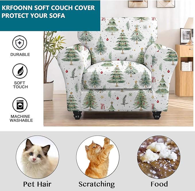 KRFOONN 2 Piece Chair Covers Printed Sofa Covers Couch Covers Washable Armchair Sofa Couch Slipcover Furniture Protector with Elastic Bottom for Living Room (Armchair, Christmas 02), Small