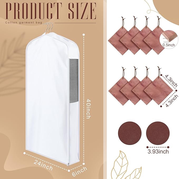2 Set 40in Short Cotton Garment Bags, 6in Wide Gusset Hanging Storage Clothes with 8 Cedar Blocks, Transparent Mesh Window, Breathable Closet Bags for Fur Coat Suit Sweater Dress, White