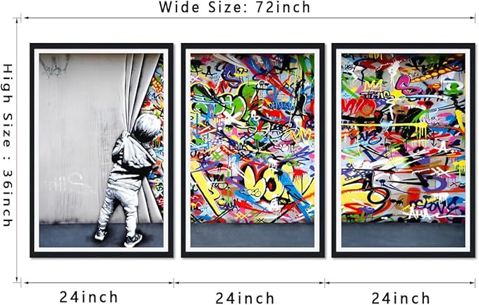 Novatique Graffiti Canvas Wall Art Pop Art Wall Decor Behind the Curtain With Framed Graffiti Poster Artwork for Living Room Office,24" x 36" x 3pcs