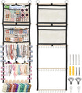 Bow Organizer for Girls, 17x50in Baby Headband Bow Holder W/ 2 Mesh Pockets & 36 Hooks, Bow Hanger for Girls Hair Bows Clip, Wall Hanging Hair Accessories Storage for Toddler Nursery Decor(Black)