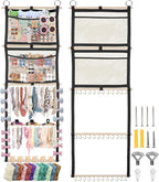 Bow Organizer for Girls, 17x50in Baby Headband Bow Holder W/ 2 Mesh Pockets & 36 Hooks, Bow Hanger for Girls Hair Bows Clip, Wall Hanging Hair Accessories Storage for Toddler Nursery Decor(Black)