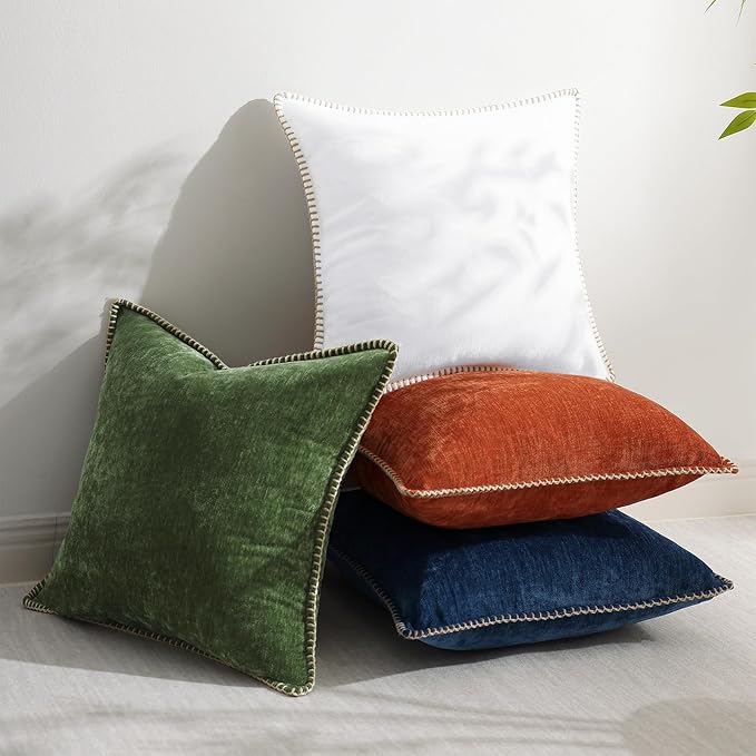 decorUhome Spring Chenille Soft Cozy Throw Pillow Covers 26x26 Set of 2, Modern Farmhouse Boho Velvet Decorative Euro Sham Pillow Cases with Stitched Edge for Couch Sofa Bed Home Decor, Forest Green