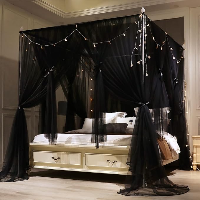 VETHIN 4 Corners Post Princess Bed Canopy Curtain Double Layer Cozy Drape Netting 4 Opening Mosquito Net for Girls & Adults Bedroom Decoration Accessories (Double Black, 64" W*82" L*82"*H/(Queen))
