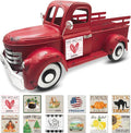Valentine's day Truck Decor 13.4 Inch Farmhouse Vintage Metal Truck with 12 Magnets Valentines Day Table Decorations for Home Kitchen Mantel Spring Garden Interchangeable Seasonal Decor