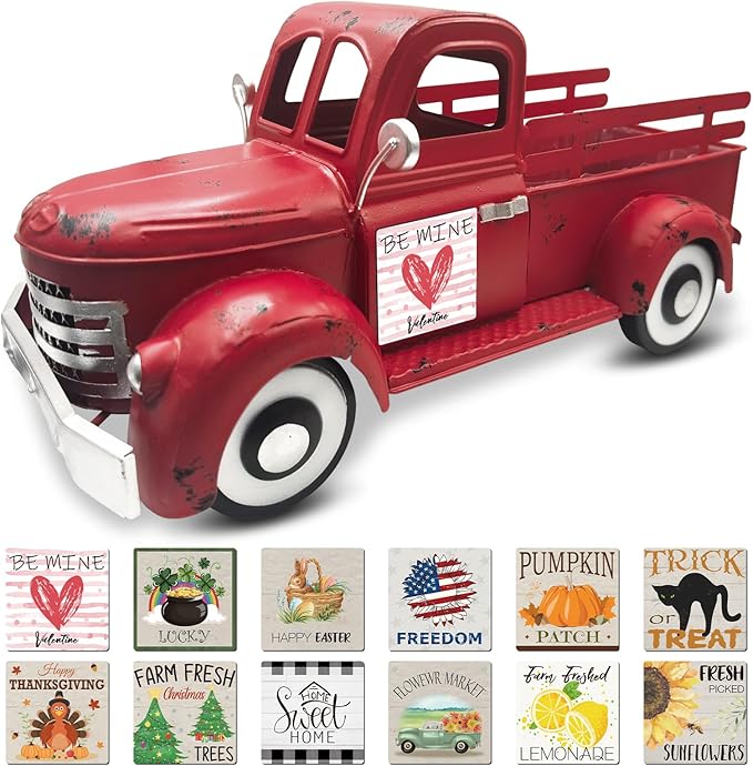 Valentine's day Truck Decor 13.4 Inch Farmhouse Vintage Metal Truck with 12 Magnets Valentines Day Table Decorations for Home Kitchen Mantel Spring Garden Interchangeable Seasonal Decor