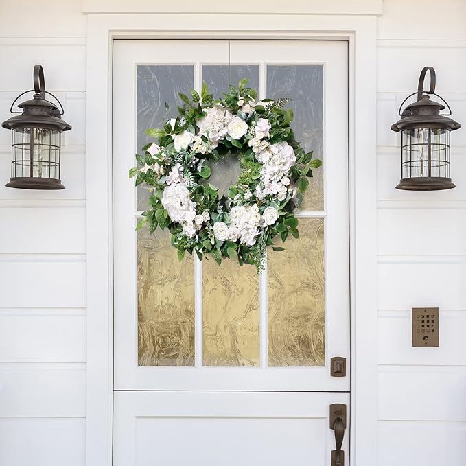24 Inch Spring Summer Wreaths for Front Door, Spring Wreath,Summer Door Wreaths Outside,Large Floral Flowers Wreath with White Hydrangea for All Seasons Indoor Outdoor Home Decor