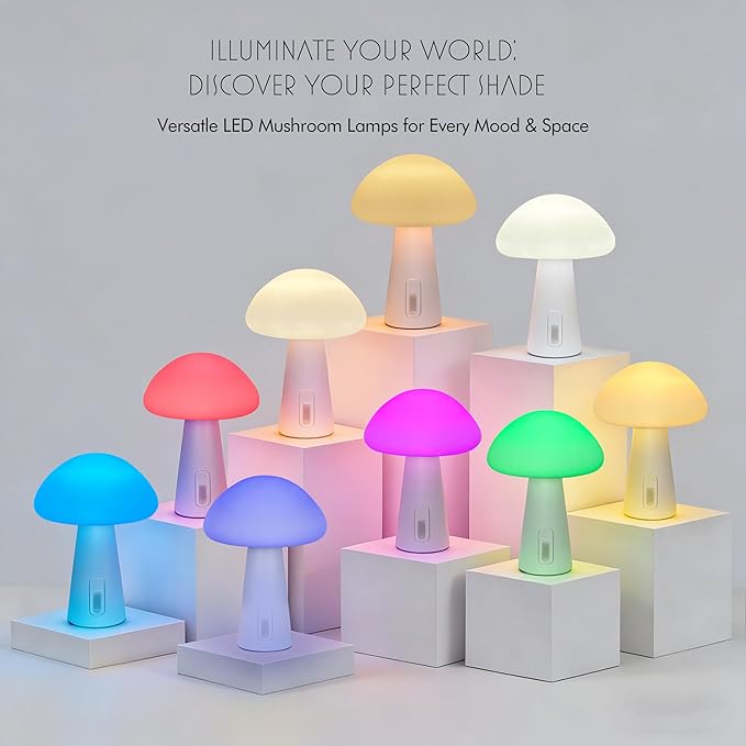 Rechargeable Touch Mushroom Table Lamp – Cordless RGB Lamp for Bedroom, Nightstand, Side Table – 3 Color Temperatures + RGB + Dimming + Type-C Charging