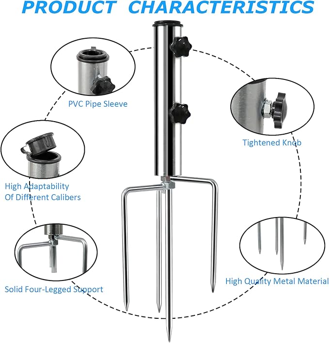 Beach Umbrella Sand Anchor with 4 Legs, Removable & Adjustable Heavy Duty Metal Sun Holder, Outdoor Umbrella Stand Steel Anchor for Beach Grass Sand
