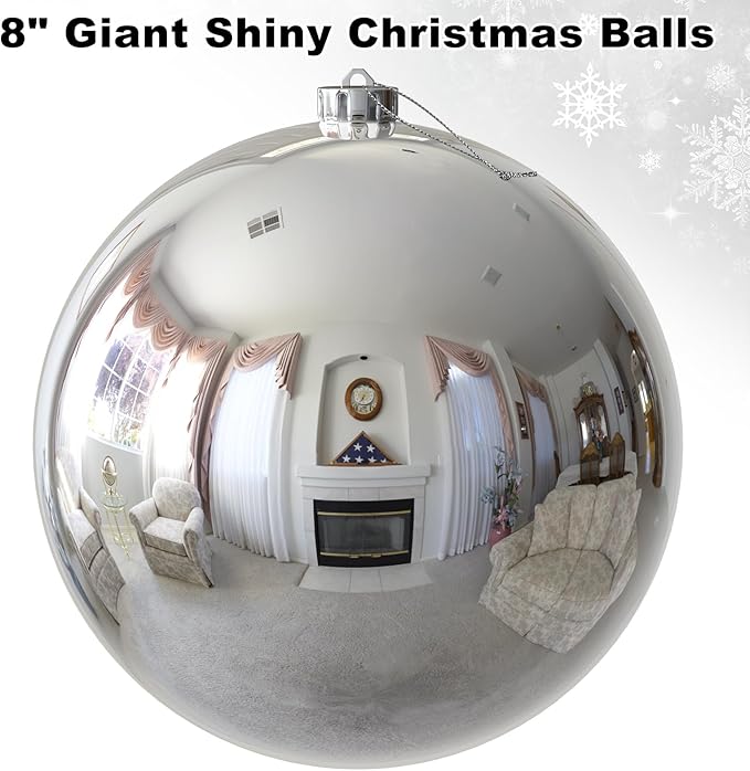 Silver 8.0" Extra Large Christmas Ornaments - Christmas Tree Decoration Balls Shatterproof Hanging Shiny Balls for Birthday Holiday Wedding Decorations Set of 2pcs
