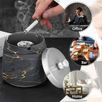 Cool Black Gold Marble Textures Ashtray with Lid, Outdoor Ashtrays for Patio, Stainless Steel Ashtray Odorless Smokeless for Home Office Balcony