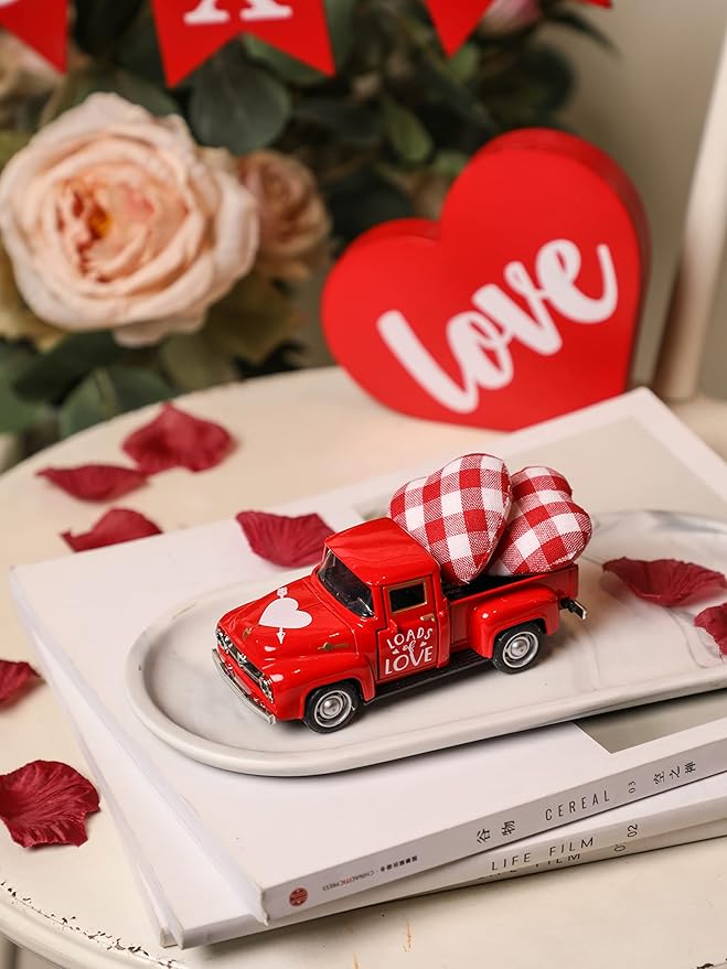 Valentine's Day Metal Farm Truck Tiered Tray Decor, Fall Farmhouse Vintage Diecast Truck Decor Model with Heart for Home Décor 4.8inch (Red)