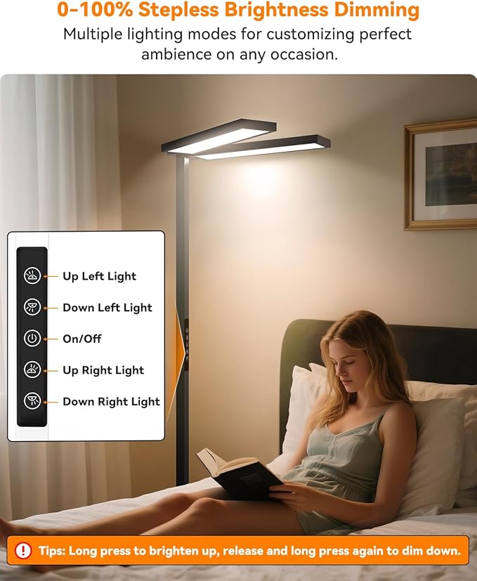 CHICLUX 80'' LED Floor Lamp, 120W Modern Free-Standing Lamp with 2 Adjustable Lamp Heads, Dimmable Eye Caring Floor Lamp for Living Room, Bedroom, Study Room, Office, 4000K Natural Daylight, Black