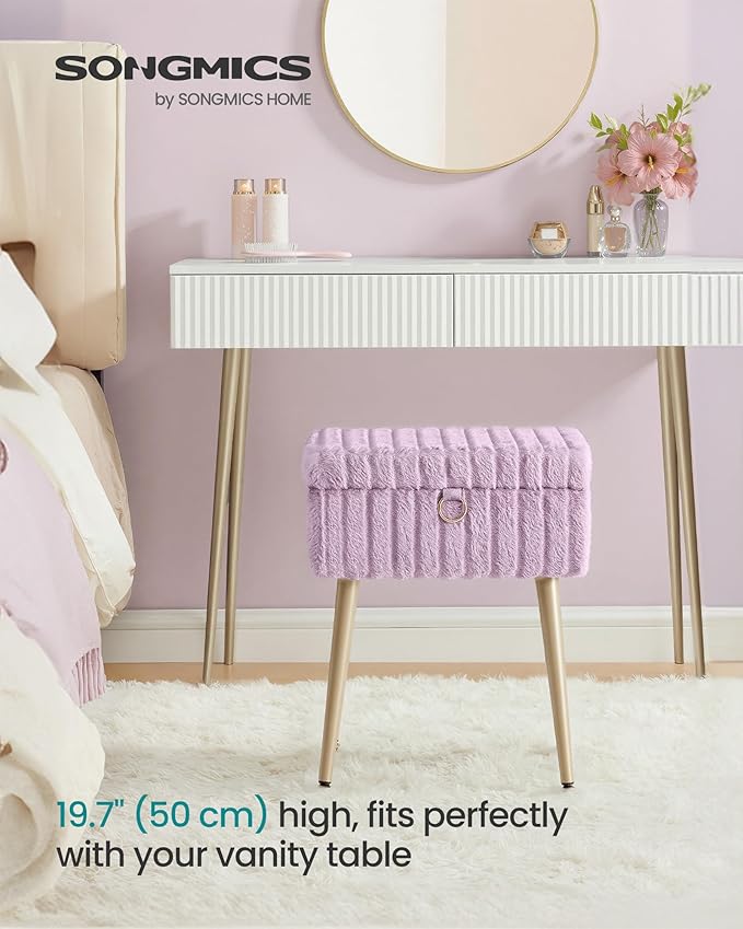 SONGMICS Vanity Stool Chair with Storage, Makeup Stool, Footrest Footstool Ottoman, Metal Legs, Adjustable Feet, for Living Room, Bedroom, Makeup Room, Light Lilac ULOM505PZ02