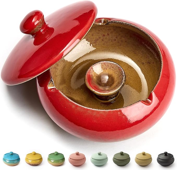Ashtray with Lid for Outside Patio, Windproof Ash tray, Ceramic Smokeless Ashtray for Outdoor Home Office Tabletop Patio Outdoor Balcony, Red