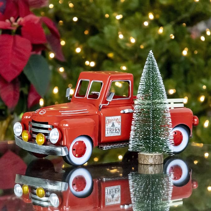 Zaer Ltd. Red Metal Christmas Pickup Truck Decoration (Small 12" Long)