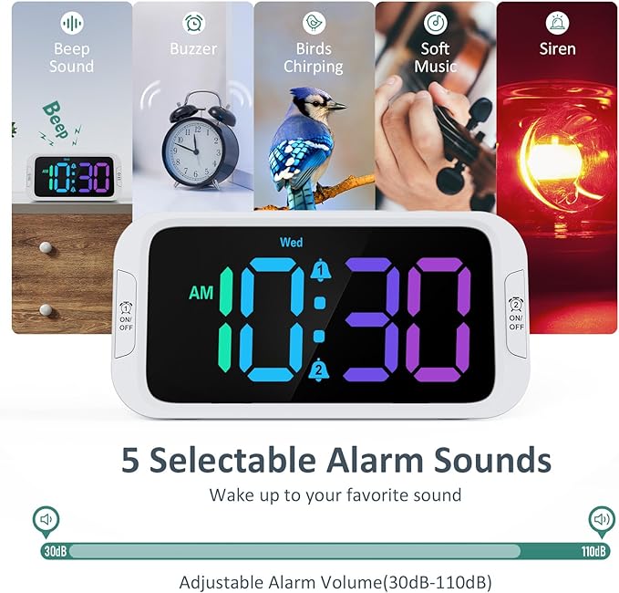 Dual Colorful Alarm Clock for Kids Bedroom - 0-100% Dimmer, 5 Alarm Sounds, USB Charger, Easy to Set, Weekday/Weekend Mode, Snooze, 12/24Hr, Battery Backup, Digital Clock for Teens Boys Bedside
