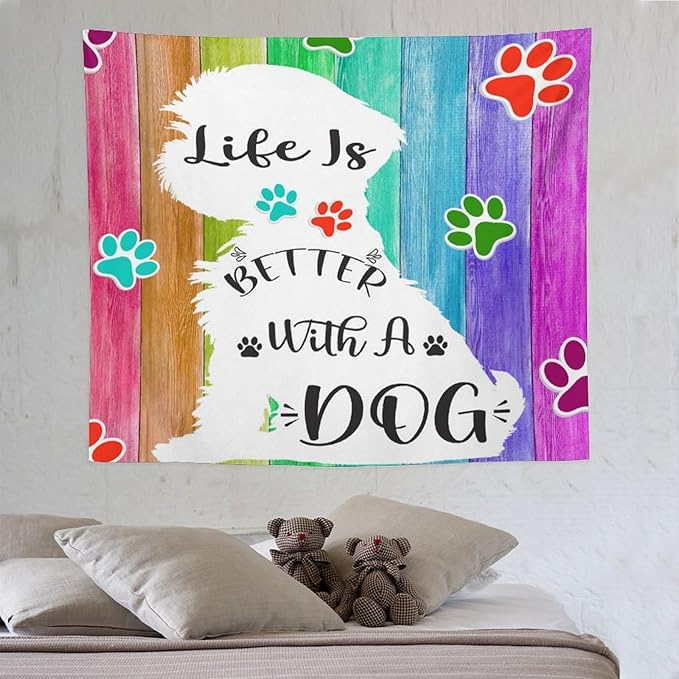 VUMIVI Cute Dog Tapestry Rainbow Color Planks Rustic Farmhouse Home Decor Pet Paws Tapestry Wall Hanging for Living Room Bedroom Dorm Classroom Aesthetic Decor W60xL50in