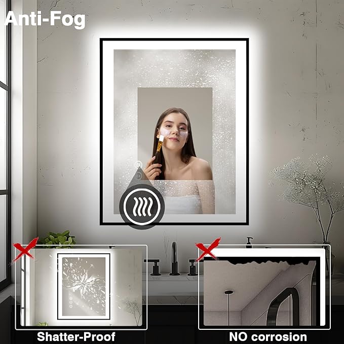 28x32 LED Bathroom Mirror - Black Aluminum Framed,Front and Backlit,Anti-Fog Framed Bathroom Vanity Mirror,3 Color Stepless Dimmable Lighted Smart Mirror(Horizontal/Vertical)