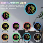 10 Inch LED Wall Clock with RGB Ambient Light, Auto-Dimming, RGB Color/Time/Date/Temp/Humidity Display, Dual Alarms & Timer, Adjustment Brightness,Digital Round Clock for Bedroom Classroom