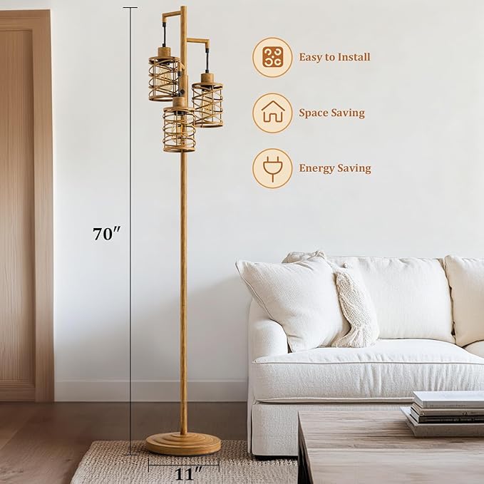 Oneach 70" Industrial Floor Lamp, Stepless Dimmable Standing Lamp with 3 Bulbs, Farmhouse Corner Standing Tree Lamp for Living Room, Tall Lamps for Bedroom, Office, Study Room, Dining Room, Wood Grain