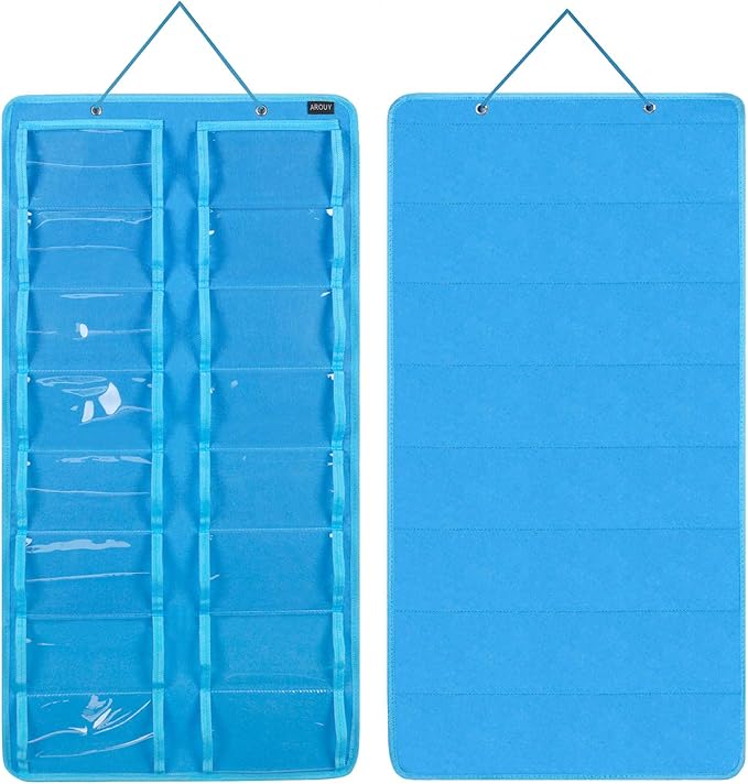 AROUY Sunglasses Organizer Storage, Hanging Dust Proof Wall Pocket Glasses Organizer - 16 Felt Slots Sunglass Organizers Holder with Metal Hook and Sturdy Rope (Dust Proof, Light Blue)