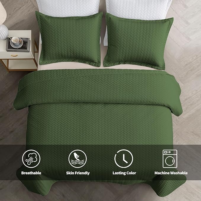 Maple&Stone Quilt Set Queen Size, Lightweight Olive Green Bedspread Ultrasonic Chevron Pattern Light Coverlet for All Season Comforter Bedding Decor - 3 Piece Full Bed Cover Sets
