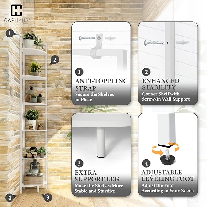 CAPHAUS 6 Tier Corner Shelf, 71.1-Inch Tall Bookshelf, Display Rack With Metal Frame, Round Shelf Unit, Stand for Bathroom, Living Room, Home, Office, White