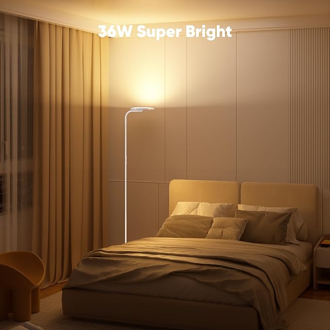 36W LED Floor Lamp, Super Bright Standing Lamp, Modern Stepless Dimmable Torchiere Tall Lamp with Remote Control, 350°Rotating Head Reading Floor Lamp for Living Room, Bedroom, Office - White