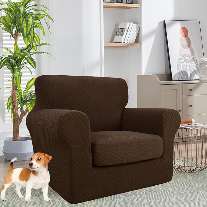 YEMYHOM Latest Checkered 2 Pieces Chair Covers for Living Room High Stretch Thickened Chair Slipcovers with Arms Anti Slip Elastic Armchair Sofa Couch Protector (Dark Coffee), 31"-46"(1 Cushion)