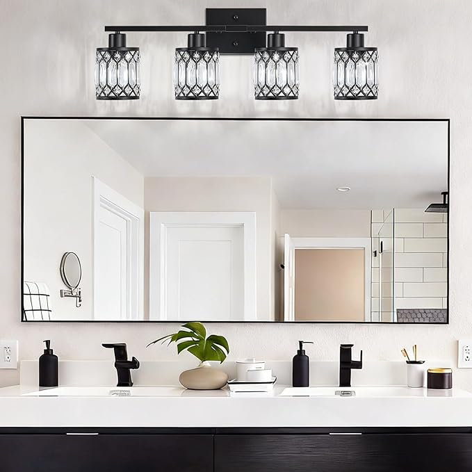 Crystal Modern Bathroom Light Fixtures, 4-Light Black Bathroom Vanity Wall Light, Vanity Lights for Mirror, Restroom, Bedroom (E26 Socket, Bulbs Not Included)