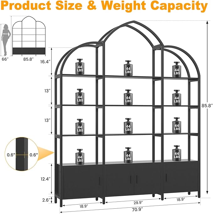 Semoic 85.8" Tall Arched Bookshelf with Door, 5-Tier Etagere Bookcase with Storage Cabinet Shelf, Triple Wide Industrial Bookshelf, Free Standing Display Shelf for Living Room Home Office, Black