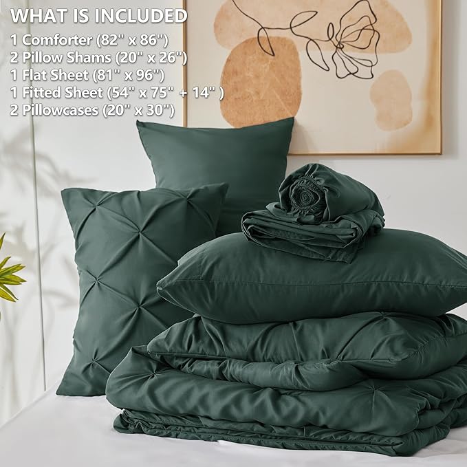 CozyLux Full Size Comforter Sets Forest Green, 7 Pieces Bed in A Bag Green Comforter Full Size, Pinch Pleat Bedding Sets with All Season Comforter, Sheets, Pillowcases & Shams