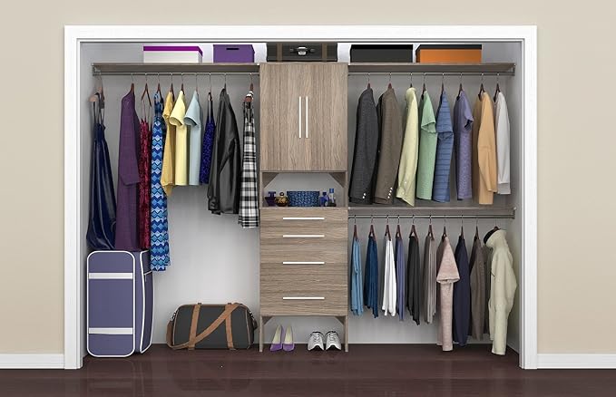 ClosetMaid SuiteSymphony Wood Closet Organizer Kit with Tower, 3 Hang Rods, Top Shelves, 4 Drawers, Doors, Adjustable, Fits Spaces 6 - 10 ft. Wide, Natural Grey