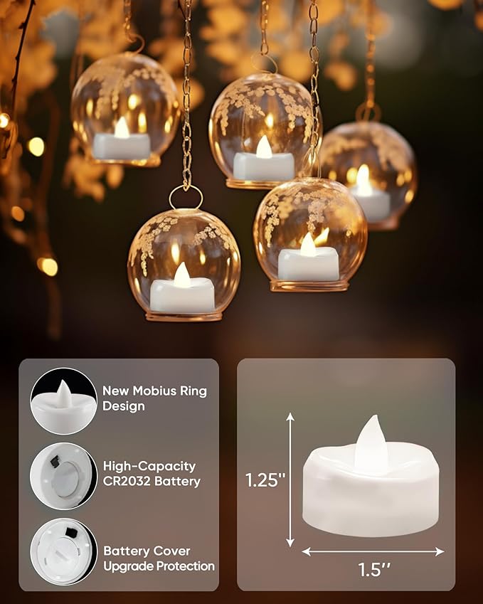 LED Candles, Tea Lights Candles Battery Operated, 12-Pack 200+Hours Flameless Tealight Candle, Realistic Tea Lights for Halloween Christmas Wedding, Pure White Light