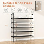 5 Tier Shoe Rack for Closet Shoe Organizer with 5 Hooks, Long Shoe Shelf Storage for Shoe and Boot Stackable Free Standing Shoe Rack for Entryway, Garage, Small Spaces, Dorm, Black