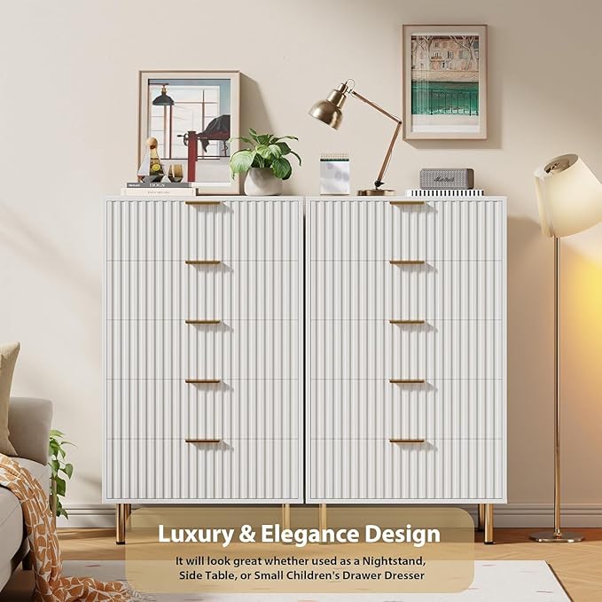 GarveeHome Fluted 5 Drawer Dresser for Bedroom, 48 in Tall Modern Chest of Drawers with Deep Drawers and Wide Top, Wooden Dresser Organizer for Living Room, Hallway, Kids Room, White